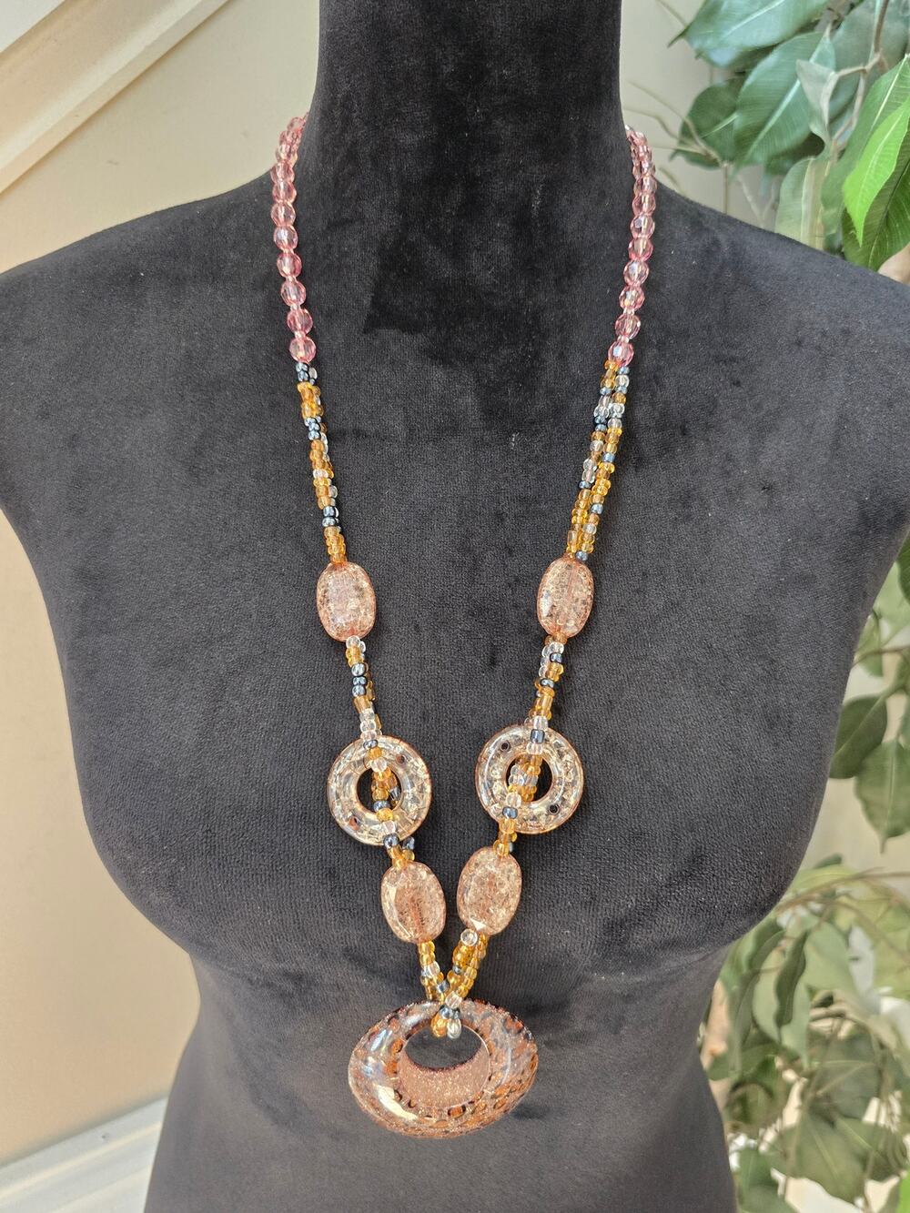 Long Pink Bronze Beaded Pendant Statement Necklace Boho Style